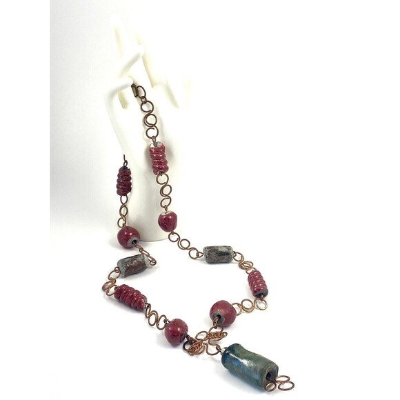 Vintage Rustic Tribal Western Oxidized Cooper Clay Beads Necklace 17" Handcraft - Picture 6 of 11